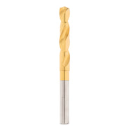 Titanium-coated twist drill bit with gold-colored flutes and silver shank on white background.