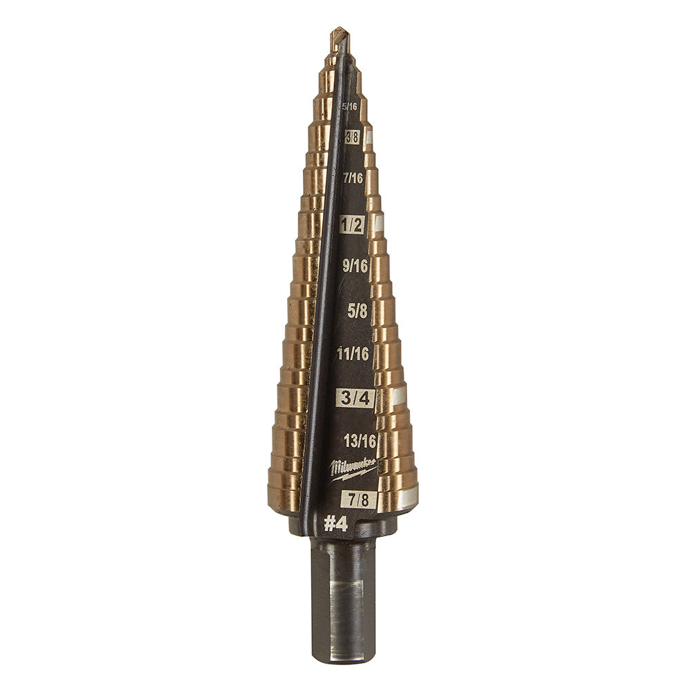 Milwaukee Cobalt Step Drill Bit #4 with gold-colored stepped flutes and black shaft, marked with size increments from 3/16" t