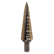 Milwaukee Cobalt Step Drill Bit #4 with gold-colored stepped flutes and black shaft, marked with size increments from 3/16" t