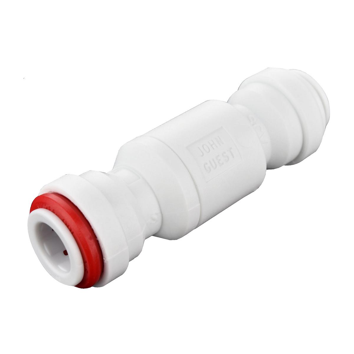White plastic check valve with red collar and push-to-connect fittings on both ends.