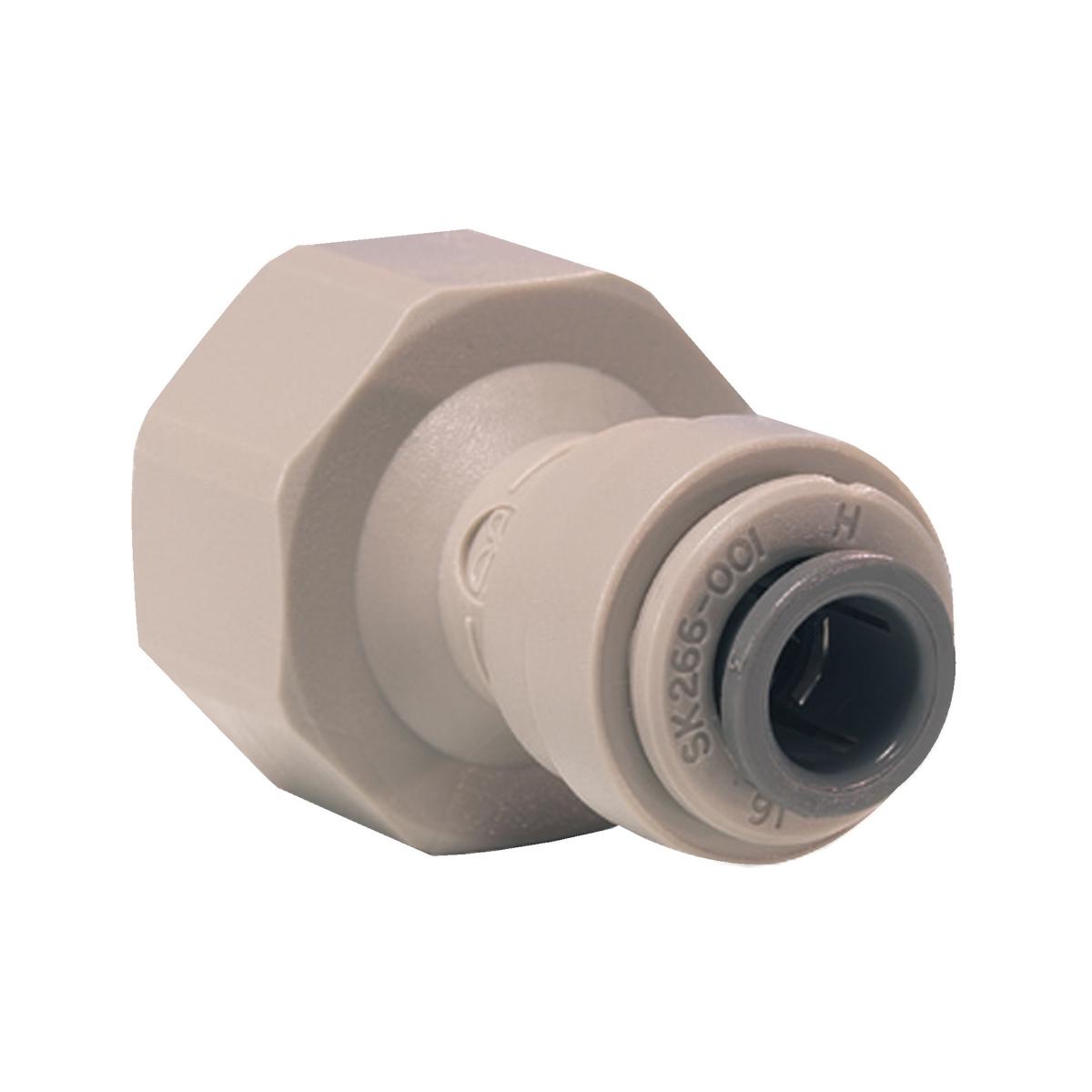 Tan plastic push-fit connector with hexagonal nut and black opening on end.