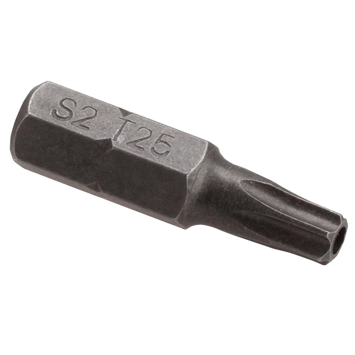 Gray metal T25 Torx bit with central pin and "S25" marking on hexagonal end.