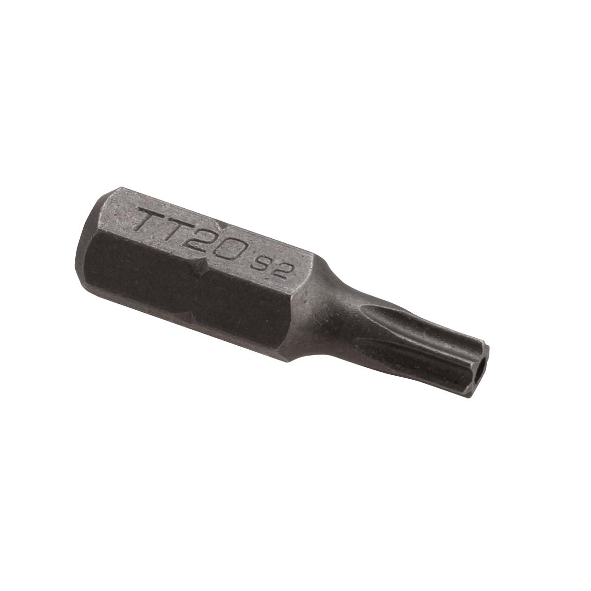 T27 Torx bit with pinned center post and hexagonal shaft, marked "T27 S2" on steel body.