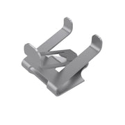 Silver metal stud lock clip with two curved prongs and a locking mechanism on the base.