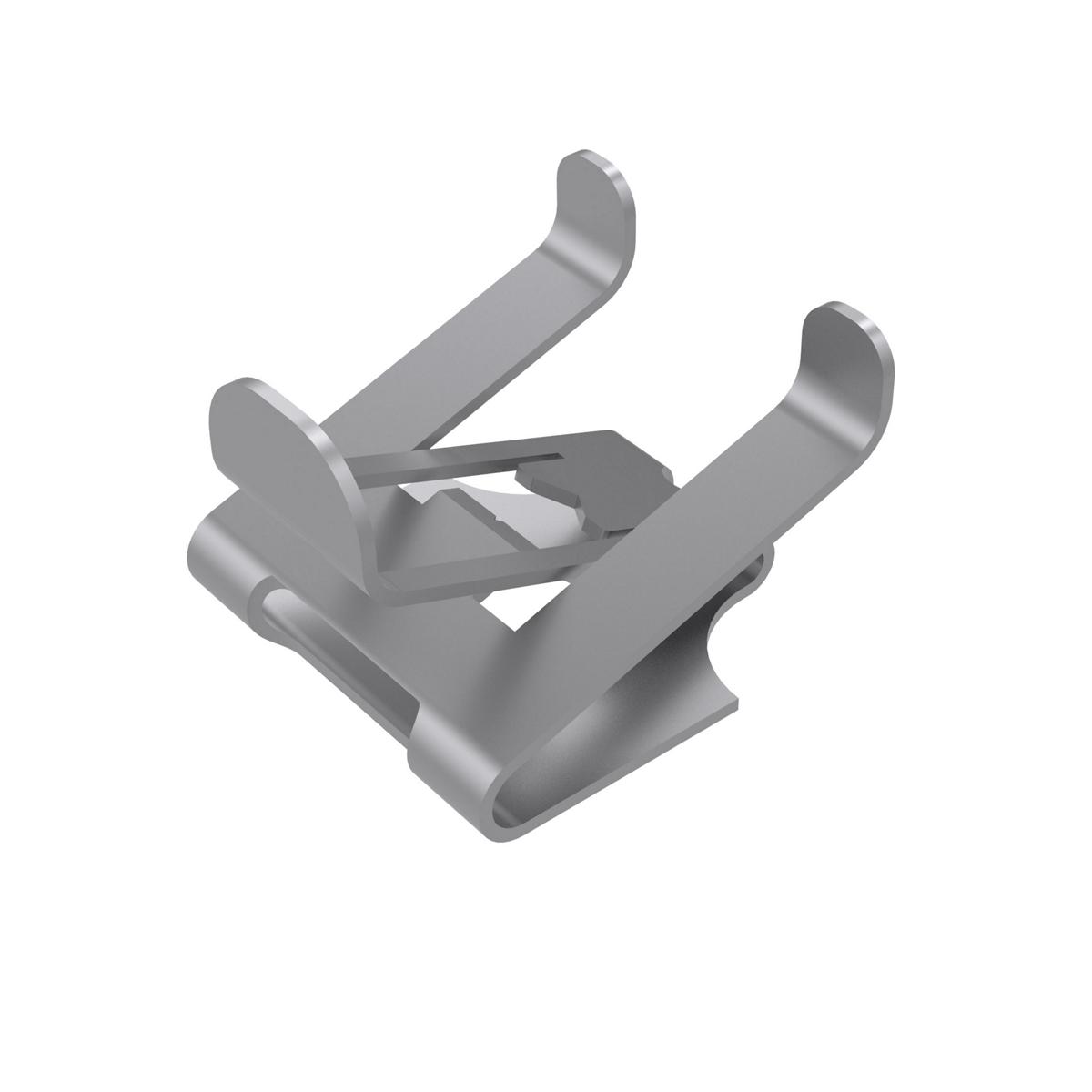 Silver metal stud lock clip with two curved prongs and a locking mechanism on the base.