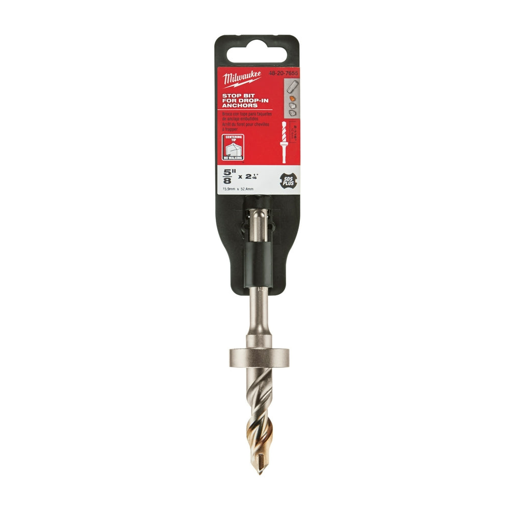 Milwaukee SDS-Plus stop bit with 5/8 inch diameter and metal collar, featuring twist flute design and black grip sleeve.