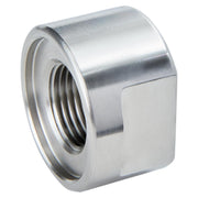 Stainless steel cylindrical cap with internal threaded opening for glass filler hole installation.