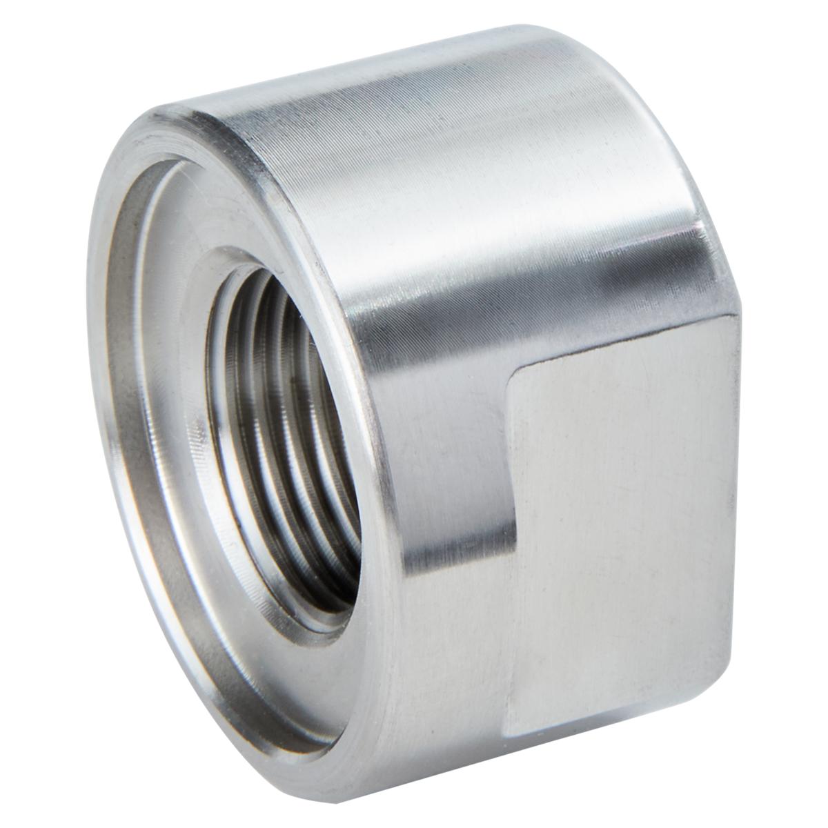 Stainless steel cylindrical cap with internal threaded opening for glass filler hole installation.