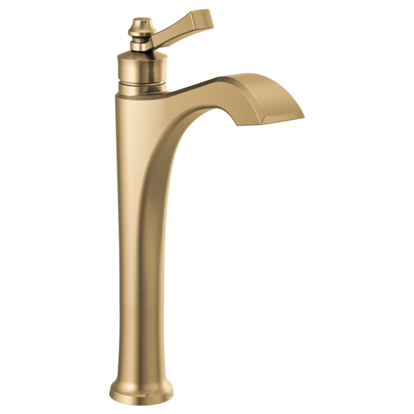 Champagne bronze single-handle vessel faucet with curved spout and lever handle.