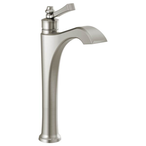 Brushed nickel single-handle bathroom faucet with curved spout and lever handle for vessel sinks.