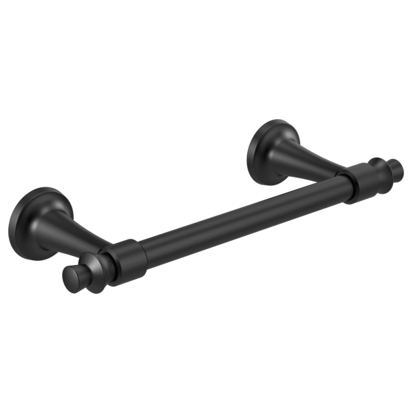 Black cylindrical towel bar with round mounting flanges on each end and decorative knob accents.