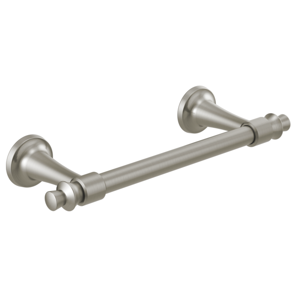 Brushed nickel towel bar with cylindrical rod and circular wall-mounted brackets on each end.