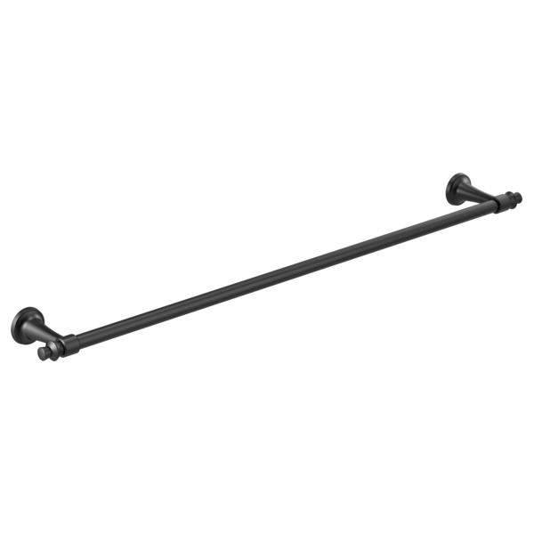 Matte black towel bar with decorative circular mounting flanges on each end.