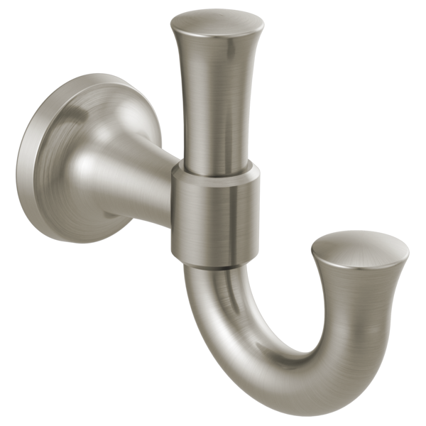 Brushed nickel robe hook with dual curved hooks mounted on circular wall plate.