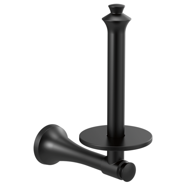 Black vertical tissue holder with cylindrical stand, round base, and side-mounted roll dispenser arm.