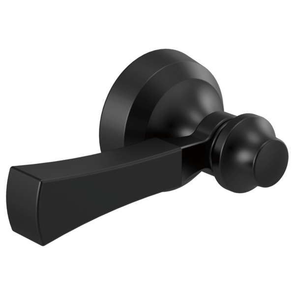 Black matte tank lever with curved handle and mounting base for toilet fill valve.