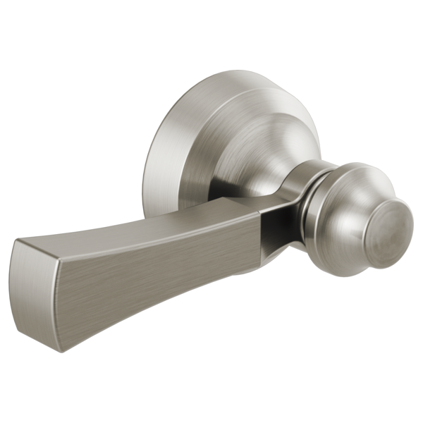 Brushed nickel tank lever with rounded handle and circular mounting plate.