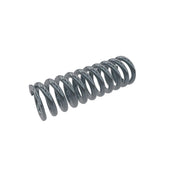 Metal coil spring with tight helical loops and hook end on white background.