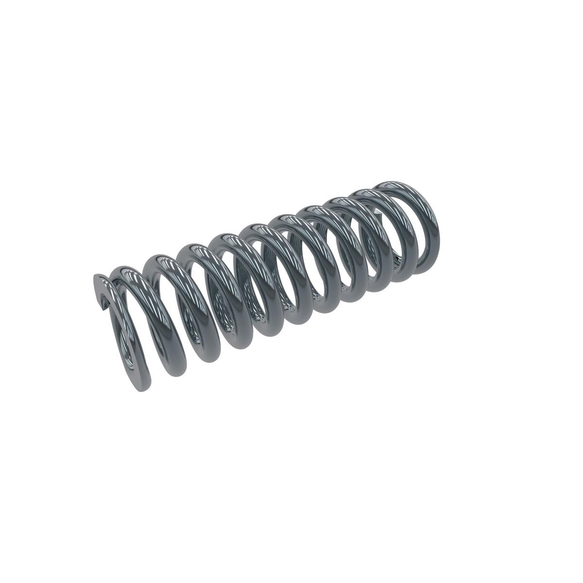 Metal coil spring with tight helical loops and hook end on white background.