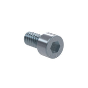 Stainless steel cap screw with hex socket head and threaded shaft, #6-32 size.