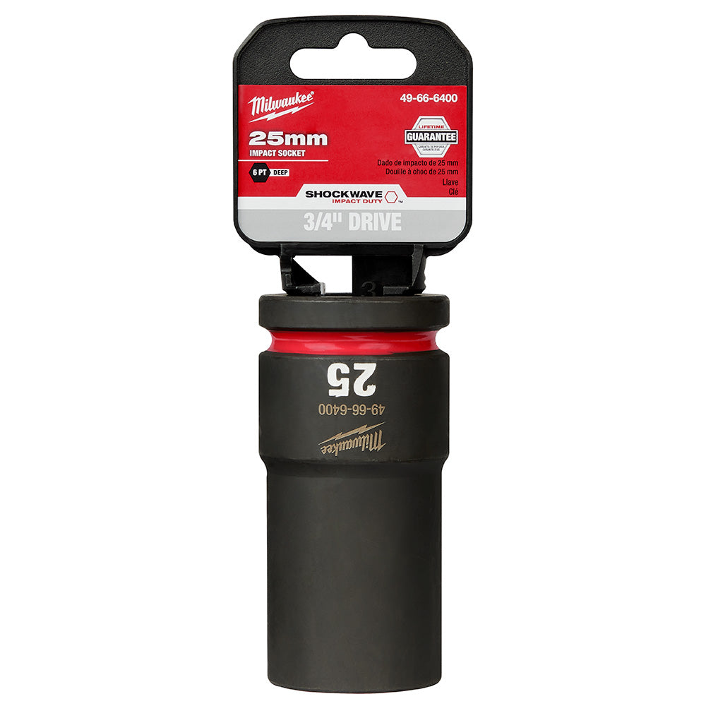 Milwaukee Shockwave 25mm deep 6-point impact socket with 3/4" drive and red band collar.