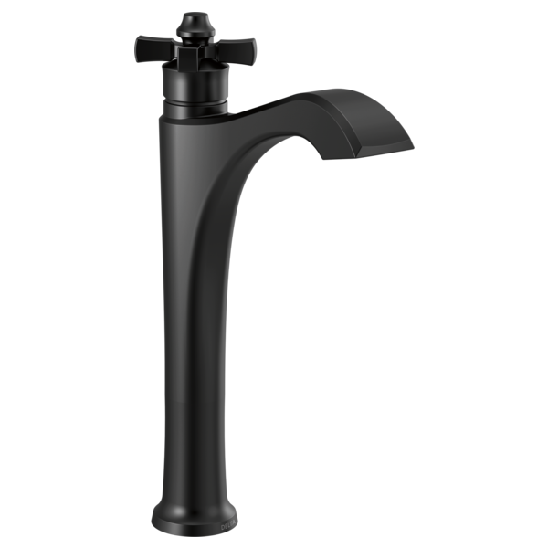 Black single-handle vessel faucet with curved spout and cross handles on tall cylindrical base.