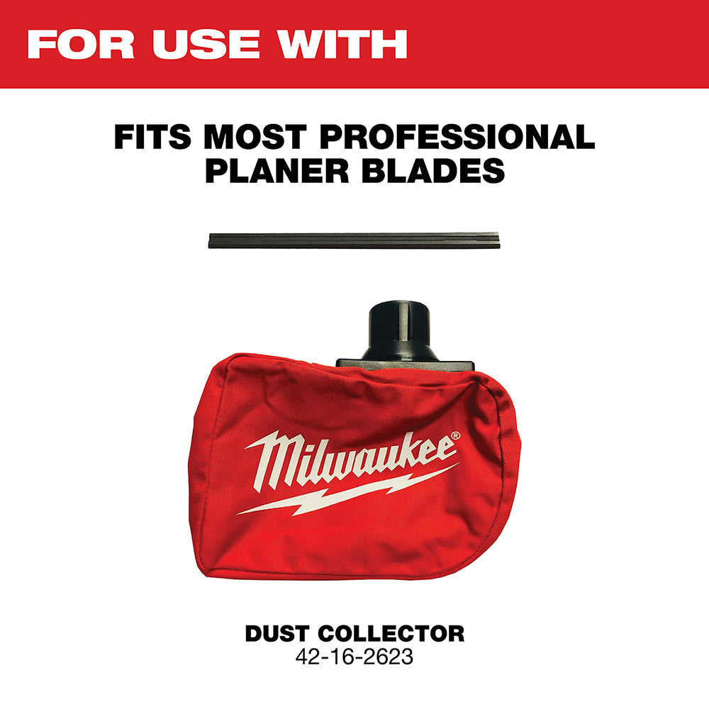 Red Milwaukee dust collector bag with black nozzle attachment and planer blade shown above.