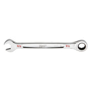 Silver 9/16 in. SAE ratcheting combination wrench with open end on left and ratchet head on right.