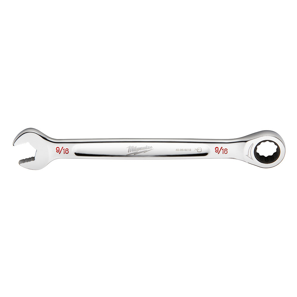 Silver 9/16 in. SAE ratcheting combination wrench with open end on left and ratchet head on right.