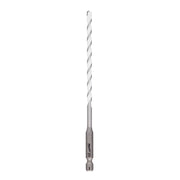 Milwaukee 3/16 in. carbide drill bit with twist flutes and hex shank against white background.