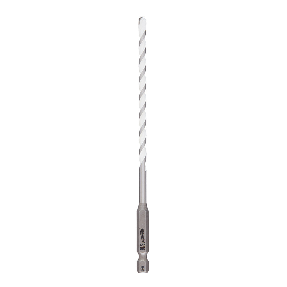 Milwaukee 3/16 in. carbide drill bit with twist flutes and hex shank against white background.