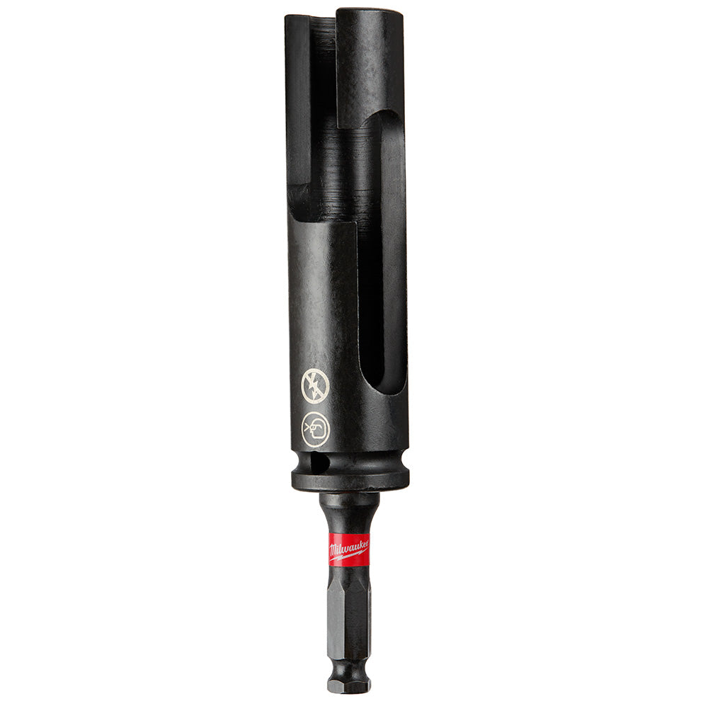 Black Milwaukee Shockwave lineman's pole step socket with cylindrical body, side cutout, and hex drive bit attachment.