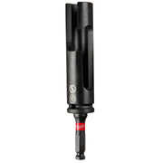 Black Milwaukee Shockwave lineman's pole step socket with cylindrical body, side cutout, and hex drive bit attachment.