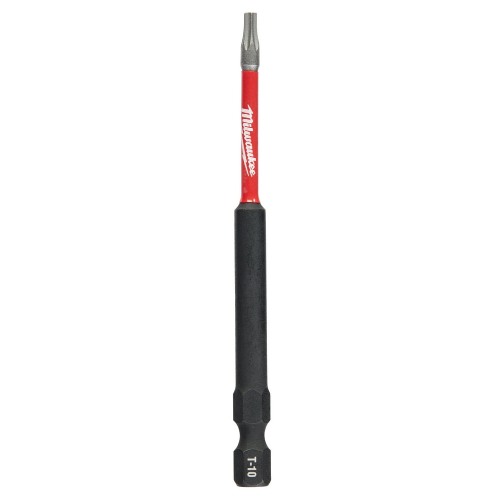 Milwaukee Shockwave T10 impact driver bit with red and black shaft and black hex end.
