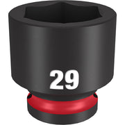 Black 29MM 1/2" drive socket with six-point hexagonal opening and red grip band at base.