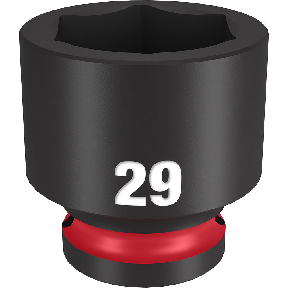 Black 29MM 1/2" drive socket with six-point hexagonal opening and red grip band at base.