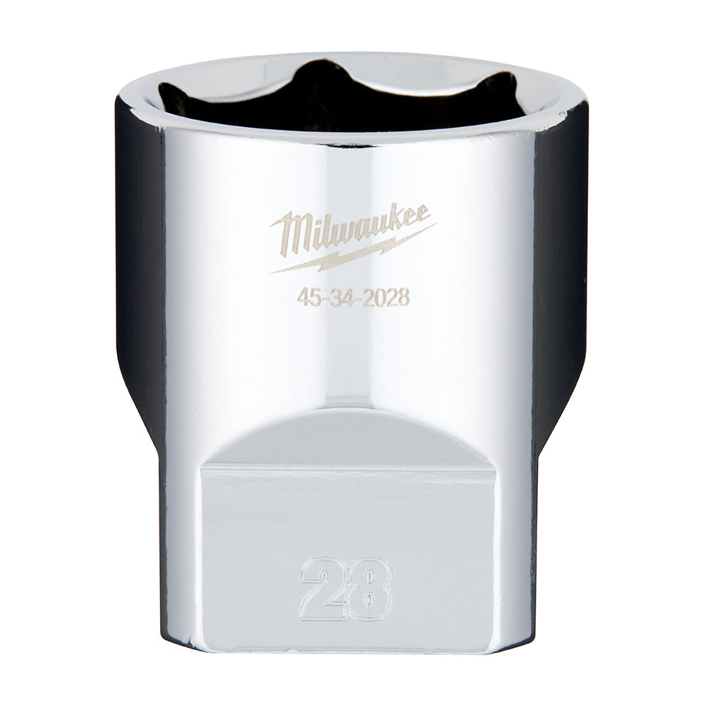 Milwaukee 1/2" drive 28mm socket with polished chrome finish and model number 45-34-2028 engraved on body.