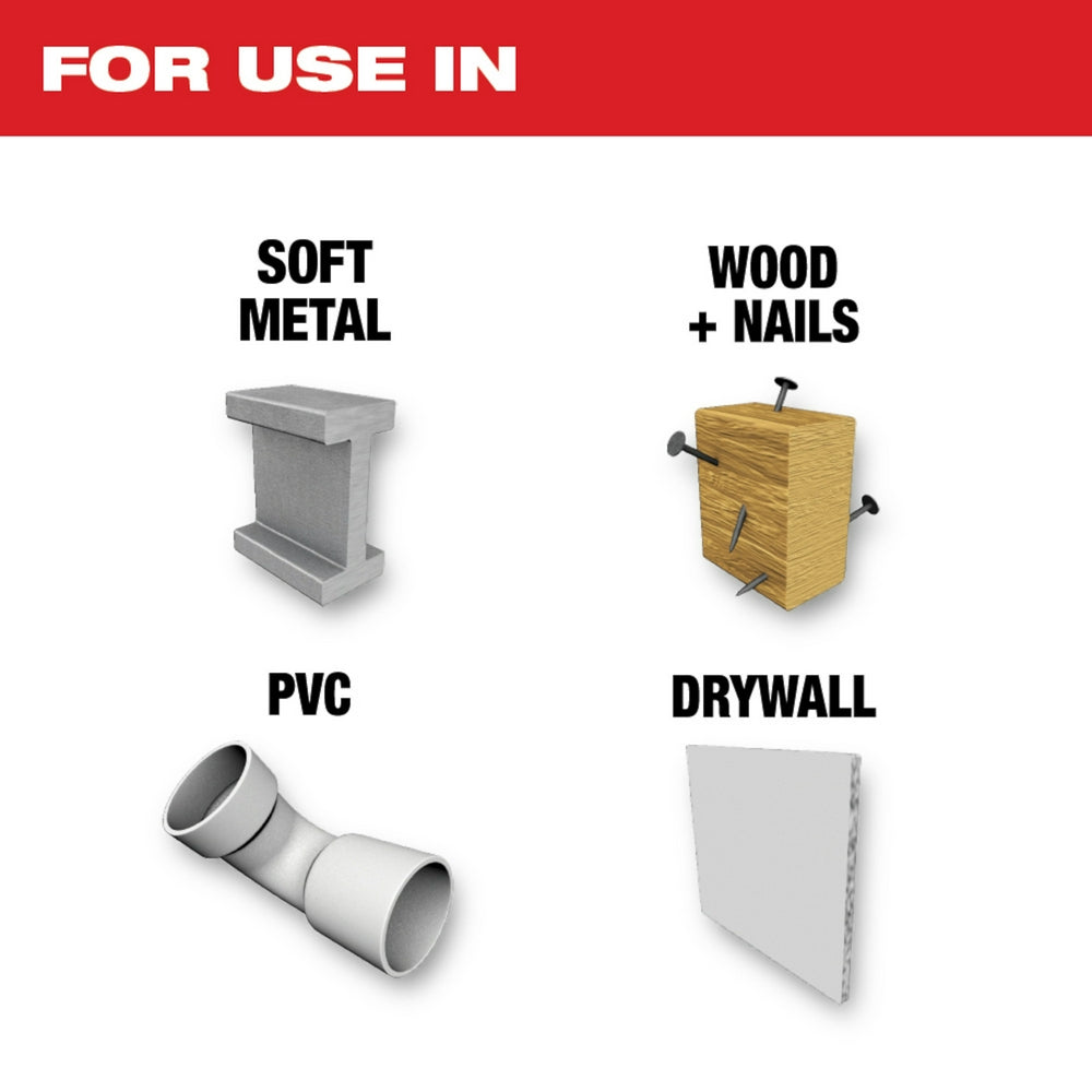 Milwaukee OPEN-LOK bi-metal saw blade with material compatibility chart showing use in soft metal, wood, nails, PVC, and dryw