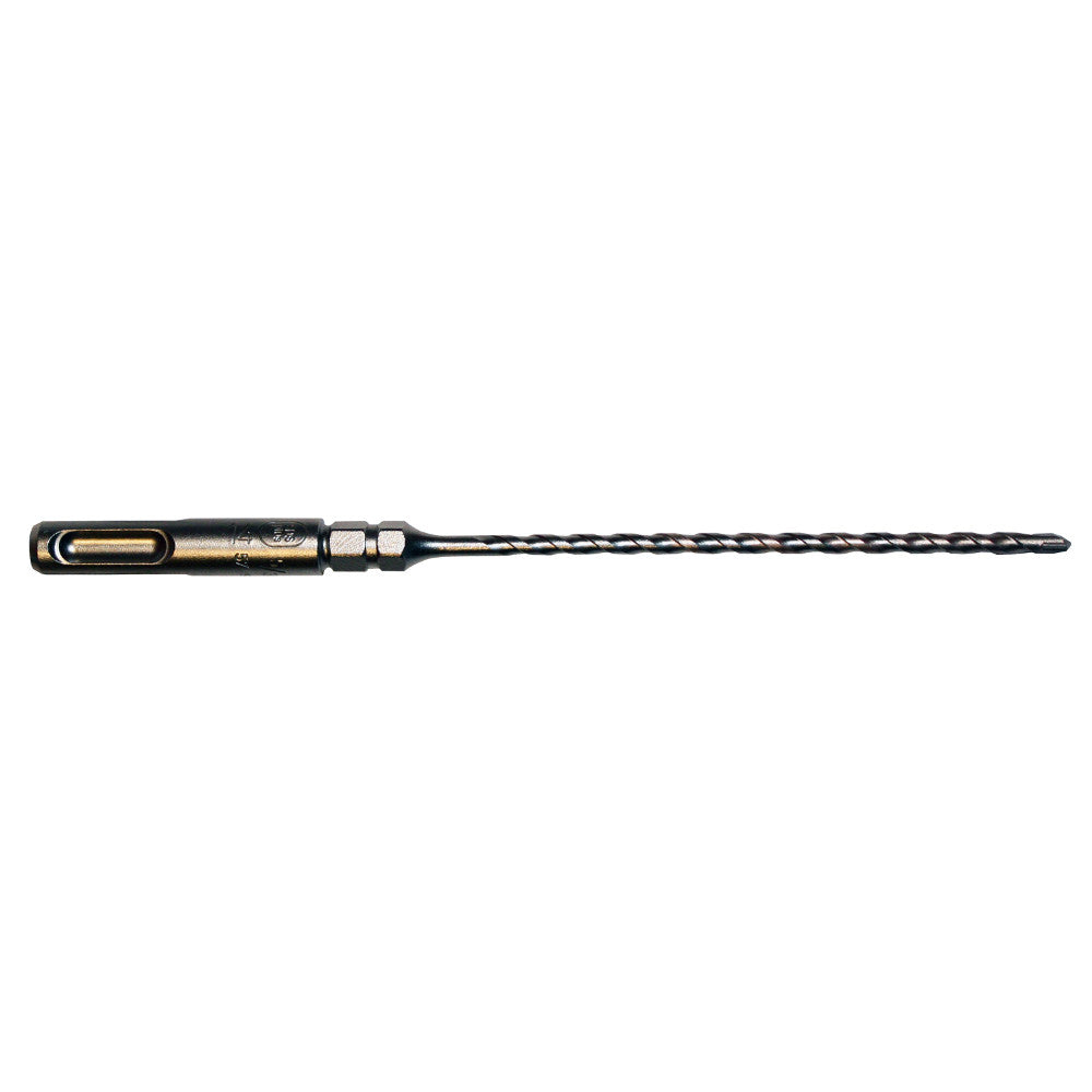 Milwaukee SDS-Plus drill bit with black shaft, hexagonal connector, and two cutting edges.