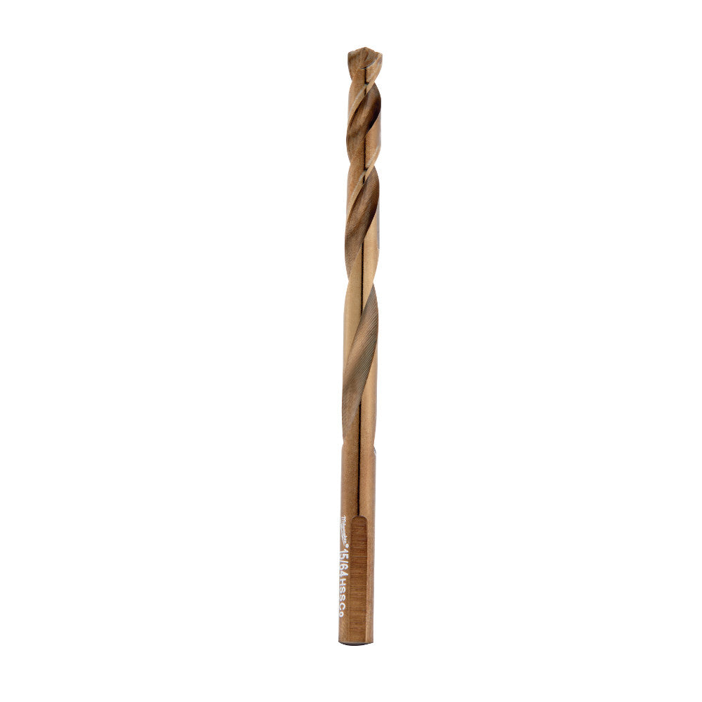 Cobalt drill bit with twisted flutes and pointed tip, tan and darker bronze coloring, cylindrical shank with branding text.