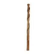 Cobalt drill bit with twisted flutes and pointed tip, tan and darker bronze coloring, cylindrical shank with branding text.
