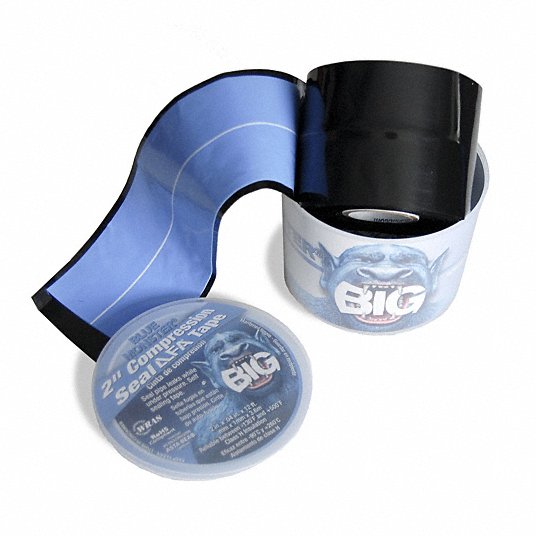 Blue and black compression seal tape roll, 2 inches wide, with circular dispenser base.