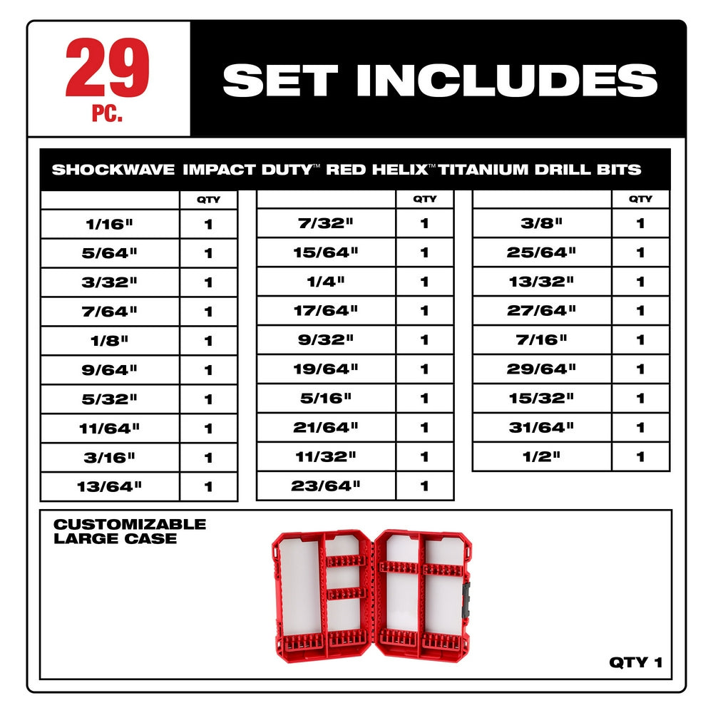 29-piece RED HELIX titanium drill bit set with size chart and red customizable storage case.