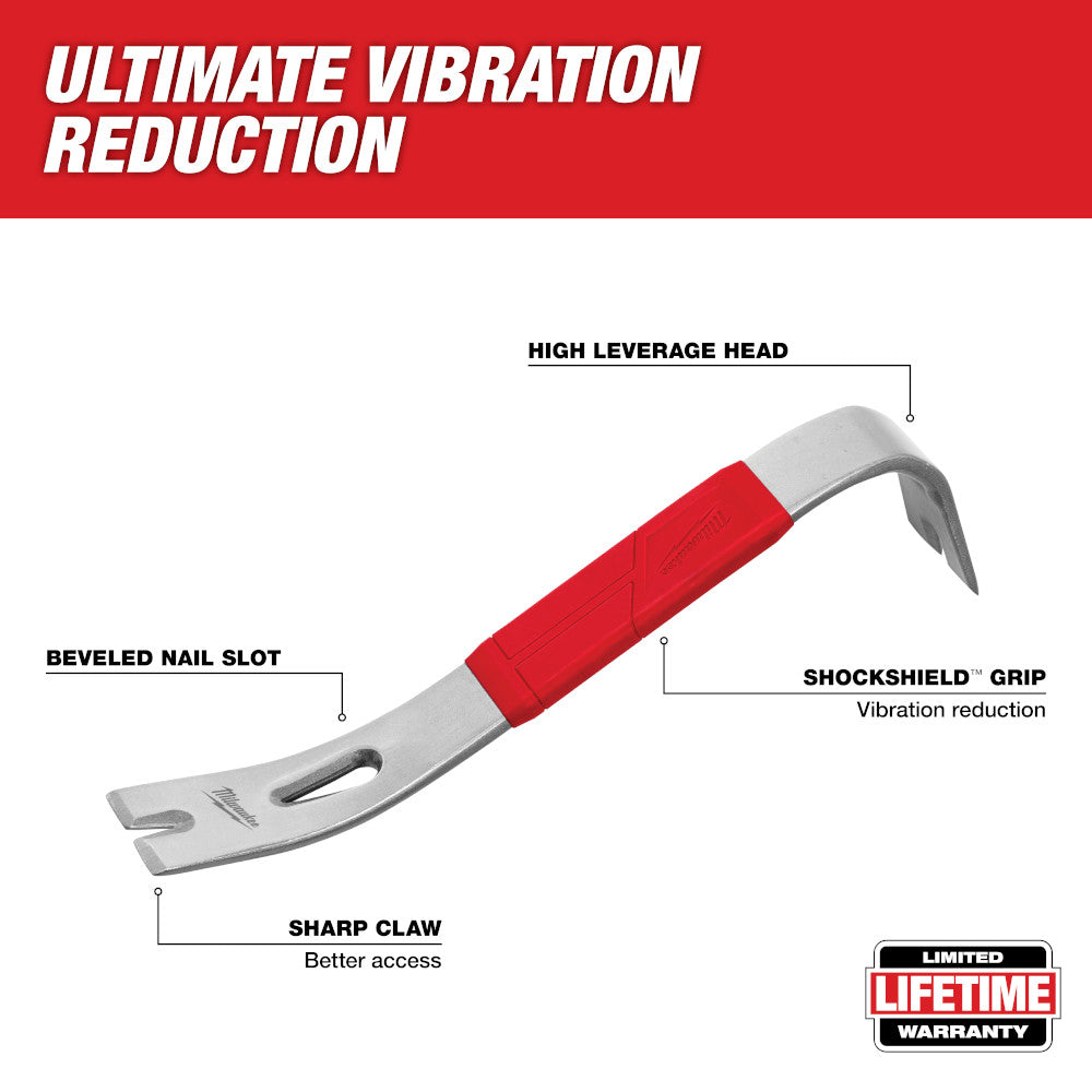 12-inch steel pry bar with red grip handle, curved claw head, and beveled nail slot.