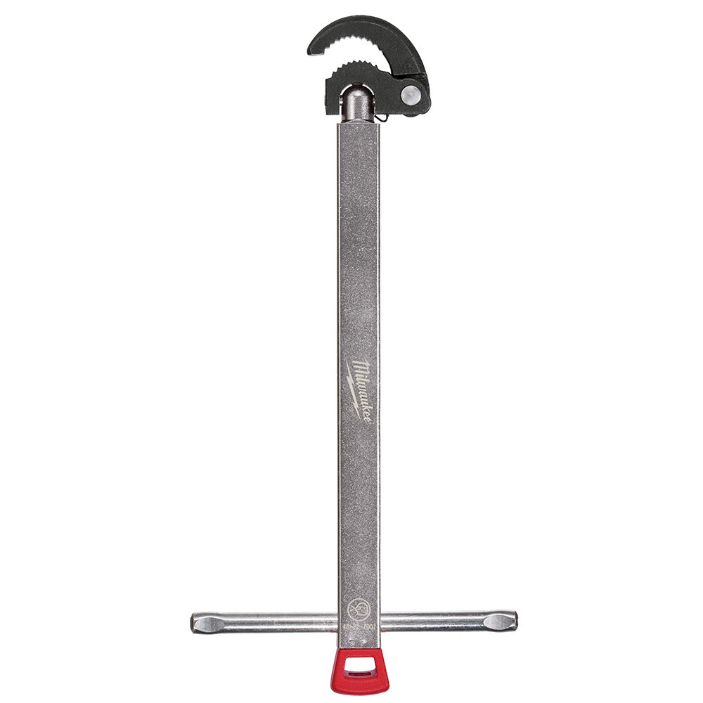 Milwaukee basin wrench with curved hook jaw at top, long metal shaft, horizontal handles at bottom, and red grip base.