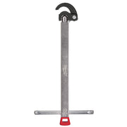 Milwaukee basin wrench with curved hook jaw at top, long metal shaft, horizontal handles at bottom, and red grip base.