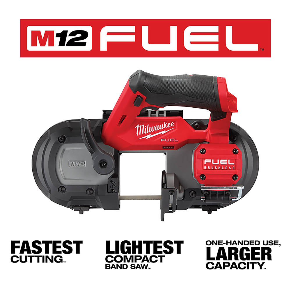 Milwaukee M12 FUEL compact band saw with red and black body, grip handle, and circular cutting wheels.