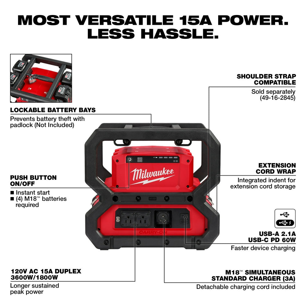 Milwaukee M18 CARRY-ON power supply with red and black housing, featuring duplex outlets, USB ports, battery bays, and extens