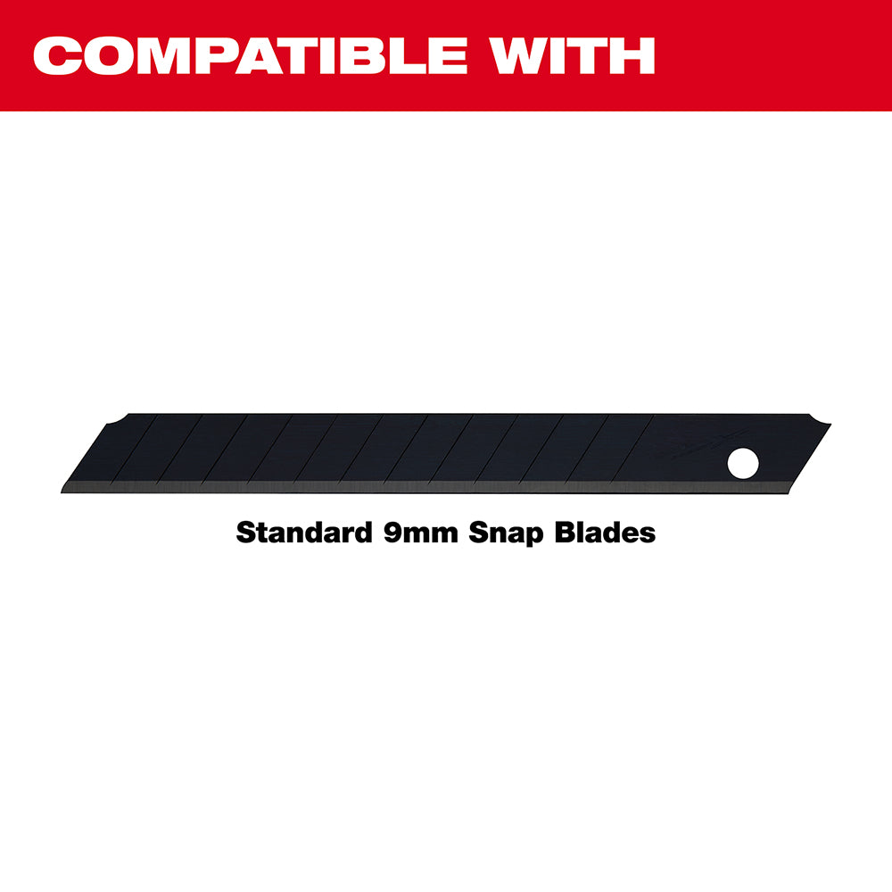 Black 9mm snap-off blade with segmented sections and retention hole.