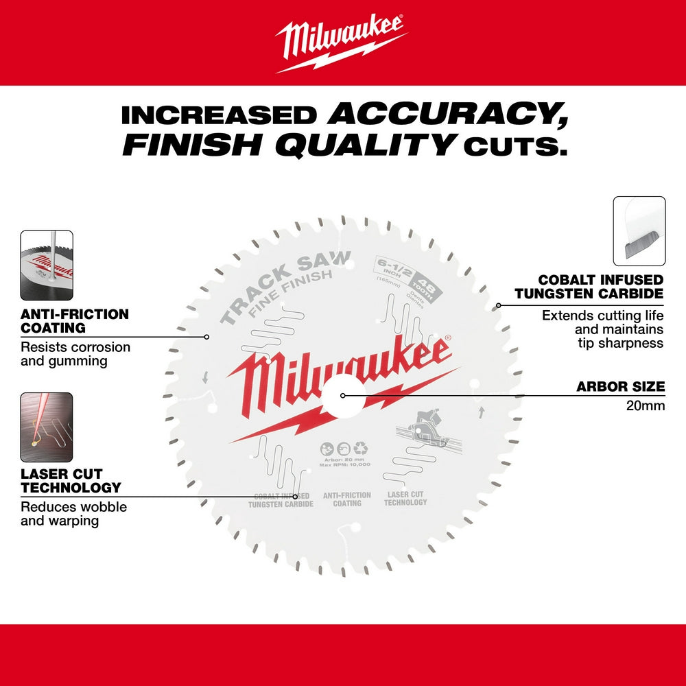 Milwaukee 6-1/2" 48T track saw blade with cobalt tungsten carbide teeth and anti-friction coating on red background.